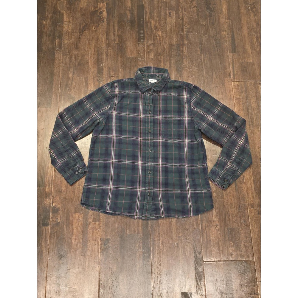 L.L.Bean Flannel‎ Shirt Mens Medium Green Navy Plaid Long Sleeve Button Front